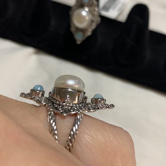NWT JTV Cultured Freshwater Pearl & Larimar Rings Rhodium over Sterling Silver - Picture 3 of 5